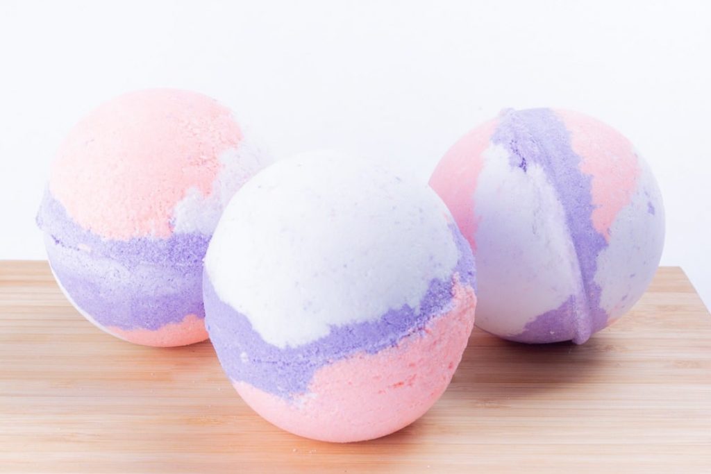 lavender and peach bath bomb by Mike's Extraordinary Soaps